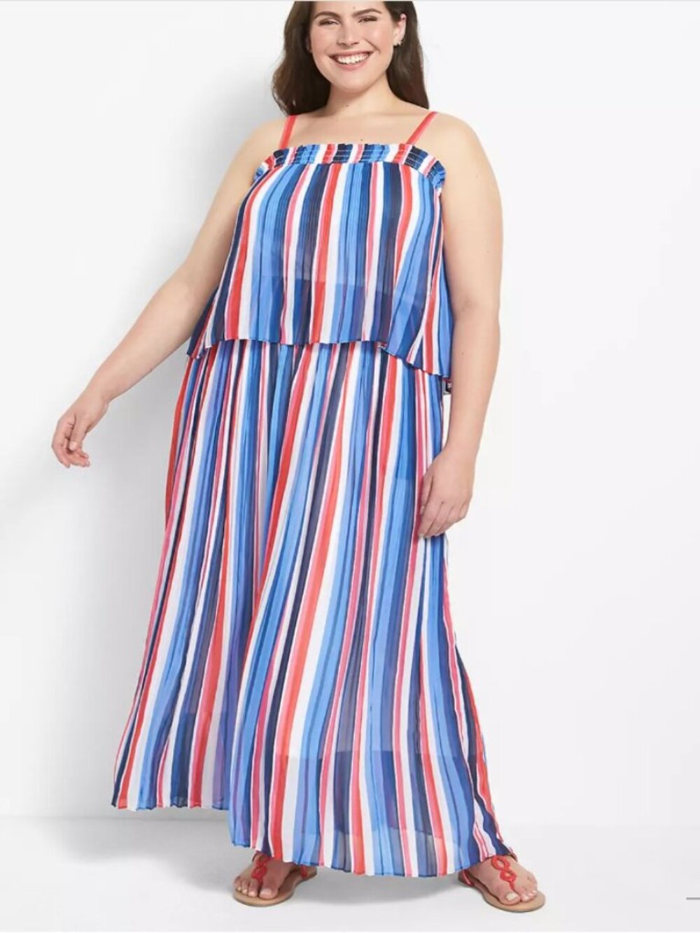 LANE BRYANT Striped Pleated Two Tier Maxi Dress Multi Adjustable Straps 18/20